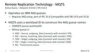 30 ©	2016	CA.	ALL	RIGHTS	RESERVED.@CAWORLD				#CAWORLD
Remote	Replication	Technology	- MQTS
§ Operates	on	IBM	MQ	queues
– ...