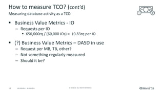 14 ©	2016	CA.	ALL	RIGHTS	RESERVED.@CAWORLD				#CAWORLD
How	to	measure	TCO?	(cont’d)
§ Business	Value	Metrics	- IO
– Requests	per	IO
§ 650,000rq	/	(60,000	IOs)	=		10.83rq	per	IO
§ (?)	Business	Value	Metrics	– DASD	in	use
– Request	per	MB,	TB,	other?
– Not	something	regularly	measured	
– Should	it	be?
Measuring	database	activity	as	a	TCO
 