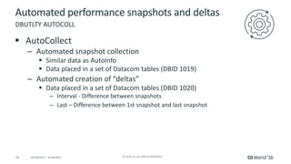 23 ©	2016	CA.	ALL	RIGHTS	RESERVED.@CAWORLD				#CAWORLD
Automated	performance	snapshots	and	deltas
§ AutoCollect
– Automated	snapshot	collection
§ Similar	data	as	AutoInfo
§ Data	placed	in	a	set	of	Datacom	tables	(DBID	1019)
– Automated	creation	of	“deltas”
§ Data	placed	in	a	set	of	Datacom	tables	(DBID	1020)
– Interval	- Difference	between	snapshots	
– Last	– Difference	between	1st	snapshot	and	last	snapshot
DBUTLTY	AUTOCOLL
 