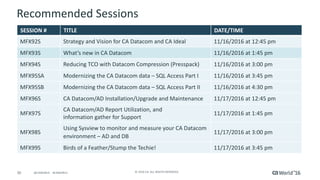 30 ©	2016	CA.	ALL	RIGHTS	RESERVED.@CAWORLD				#CAWORLD
Recommended	Sessions
SESSION	# TITLE DATE/TIME
MFX92S Strategy	and	Vision	for	CA	Datacom	and	CA	Ideal 11/16/2016	at	12:45	pm
MFX93S What’s	new	in	CA	Datacom	 11/16/2016	at	1:45	pm
MFX94S Reducing	TCO	with	Datacom	Compression	(Presspack) 11/16/2016	at	3:00	pm
MFX95SA Modernizing	the	CA	Datacom	data – SQL	Access	Part	I 11/16/2016	at	3:45	pm
MFX95SB Modernizing	the	CA	Datacom	data – SQL	Access	Part	II 11/16/2016	at	4:30	pm
MFX96S CA	Datacom/AD	Installation/Upgrade	and	Maintenance 11/17/2016	at	12:45	pm
MFX97S
CA	Datacom/AD	Report	Utilization,	and
information	gather	for	Support
11/17/2016	at	1:45	pm
MFX98S
Using	Sysview to	monitor	and	measure	your	CA	Datacom	
environment	– AD	and	DB
11/17/2016	at	3:00	pm
MFX99S Birds	of	a	Feather/Stump	the	Techie!	 11/17/2016	at	3:45	pm
 