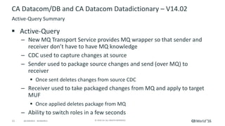 11 ©	2016	CA.	ALL	RIGHTS	RESERVED.@CAWORLD				#CAWORLD
CA	Datacom/DB	and	CA	Datacom	Datadictionary	– V14.02	
§ Active-Query
– New	MQ	Transport	Service	provides	MQ	wrapper	so	that	sender	and	
receiver	don’t	have	to	have	MQ	knowledge
– CDC	used	to	capture	changes	at	source
– Sender	used	to	package	source	changes	and	send	(over	MQ)	to	
receiver
§ Once	sent	deletes	changes	from	source	CDC
– Receiver	used	to	take	packaged	changes	from	MQ	and	apply	to	target	
MUF	
§ Once	applied	deletes	package	from	MQ
– Ability	to	switch	roles	in	a	few	seconds
Active-Query	Summary
 
