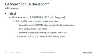 24 ©	2016	CA.	ALL	RIGHTS	RESERVED.@CAWORLD				#CAWORLD
CA	Ideal™	for	CA	Daatacom®
§ Ideal	
– Online	refresh	of	SC00TRAN	(15.1	– In	Progress)
§ Refreshable	user	terminal	transaction	table
– Separated	from	SC00TRAN,	which	remains	for	CA-supplied	ones
– Uses	existing	macro,	new	name
– SC00INIT	will	assume	anything	not	in	SC00TRAN	is	Ideal
– Ideal	will	look	up	in	SCUMTRAN	if	not	already	found
4GL	Language
 