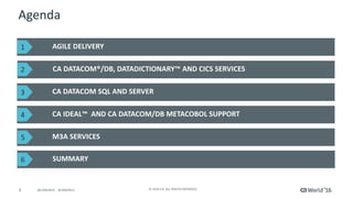 4 ©	2016	CA.	ALL	RIGHTS	RESERVED.@CAWORLD				#CAWORLD
Agenda
AGILE	DELIVERY
CA	DATACOM®/DB,	DATADICTIONARY™	AND	CICS	SERVICES
CA	DATACOM	SQL	AND	SERVER
CA	IDEAL™		AND	CA	DATACOM/DB	METACOBOL	SUPPORT
CA	IDEAL	AND	CA	DATACOM/DB	METACOBOL	SUPPORT
1
2
3
4
5
SUMMARY6
M3A	SERVICES5
 