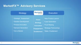 MarketFX™ Advisory Services

                  Strategy                            Execution

          • Strategic Assessment                •New Product Launch
                                     Vision
          • Solution Development                •Lead Generation
                                    Strategy
          • Product Innovation                  •Fund Raising
                                   Innovation
          • Demand Generation                   •Strategic Partnerships
                                   Engagement
          • Go to Market                        •Sales Enablement
                                   Enablement




4
 