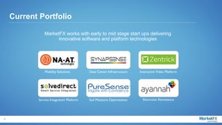 Current Portfolio

                MarketFX works with early to mid stage start ups delivering
                      innovative software and platform technologies




                Mobility Solutions         Data Center Infrastructure   Interactive Video Platform




            Service Integration Platform   Soil Moisture Optimization     Electronic Remittance




5
 