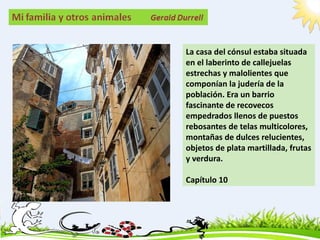 La casa del cónsul estaba situada
en el laberinto de callejuelas
estrechas y malolientes que
componían la judería de la
población. Era un barrio
fascinante de recovecos
empedrados llenos de puestos
rebosantes de telas multicolores,
montañas de dulces relucientes,
objetos de plata martillada, frutas
y verdura.

Capítulo 10
 