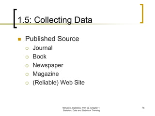 1.5: Collecting Data
McClave, Statistics, 11th ed. Chapter 1:
Statistics, Data and Statistical Thinking
16
 Published Source
 Journal
 Book
 Newspaper
 Magazine
 (Reliable) Web Site
 