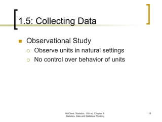 1.5: Collecting Data
McClave, Statistics, 11th ed. Chapter 1:
Statistics, Data and Statistical Thinking
19
 Observational Study
 Observe units in natural settings
 No control over behavior of units
 