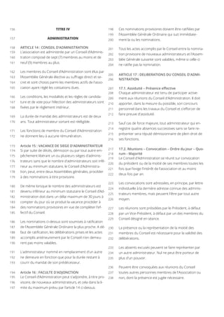 TITRE IV156
ADMINISTRATION157
ARTICLE 14 : CONSEIL D’ADMINISTRATION158
L’association est administrée par un Conseil d'Adminis-159
tration composé de sept (7) membres au moins et de160
neuf (9) membres au plus.161
Les membres du Conseil d’Administration sont élus par162
l’Assemblée Générale élective au suffrage direct et se-163
cret et sont choisis parmi les membres actifs de l'asso-164
ciation ayant réglé les cotisations dues.165
Les conditions, les modalités et les règles de candida-166
ture et de vote pour l'élection des administrateurs sont167
fixées par le règlement intérieur.168
La durée de mandat des administrateurs est de deux169
ans. Tout administrateur sortant est rééligible.170
Les fonctions de membre du Conseil d'Administration171
ne donnent lieu à aucune rémunération.172
Article 15 : VACANCE DE SIEGE D'ADMINISTRATEUR173
Si par suite de décès, démission ou par tout autre em-174
pêchement libérant un ou plusieurs sièges d'adminis-175
trateurs sans que le nombre d'administrateurs soit infé-176
rieur au minimum statutaire, le Conseil d'Administra-177
tion, peut, entre deux Assemblées générales, procéder178
à des nominations à titre provisoire.179
De même lorsque le nombre des administrateurs est180
devenu inférieur au minimum statutaire le Conseil d’Ad-181
ministration doit dans un délai maximum de 30 jours à182
compter du jour où se produit la vacance procéder à183
des nominations provisoires en vue de compléter l'ef-184
fectif du Conseil.185
Les nominations ci-dessus sont soumises à ratification186
de l'Assemblée Générale Ordinaire la plus proche. A dé-187
faut de ratification, les délibérations prises et les actes188
accomplis antérieurement par le Conseil n'en demeu-189
rent pas moins valables.190
L'administrateur nommé en remplacement d'un autre191
ne demeure en fonction que pour la durée restant à192
courir du mandat de son prédécesseur.193
Article 16 : FACULTE D'ADJONCTION194
Le Conseil d’Administration peut s'adjoindre, à titre pro-195
visoire, de nouveaux administrateurs, et cela dans la li-196
mite du maximum prévu par l’article 14 ci-dessus.197
Ces nominations provisoires doivent être ratifiées par198
l'Assemblée Générale Ordinaire qui suit immédiate-199
ment la ou les nominations.200
Tous les actes accomplis par le Conseil entre la nomina-201
tion provisoire de nouveaux administrateurs et l'Assem-202
blée Générale suivante sont valables, même si celle-ci203
ne ratifie pas la nomination.204
ARTICLE 17 : DELIBERATIONS DU CONSEIL D'ADMI-205
NISTRATION206
17.1. Assiduité – Présence effective207
Chaque administrateur est tenu de participer active-208
ment aux réunions du Conseil d'Administration. Il doit209
apporter, dans la mesure du possible, son concours210
personnel dans les travaux du Conseil et s'efforcer de211
faire preuve d'assiduité.212
Sauf cas de force majeure, tout administrateur qui en-213
registre quatre absences successives sans se faire re-214
présenter sera réputé démissionnaire de plein droit de215
ses fonctions.216
17.2. Réunions – Convocation – Ordre du jour – Quo-217
rum - Majorité218
Le Conseil d'Administration se réunit sur convocation219
du président ou de la moitié de ses membres toutes les220
fois que l'exige l'intérêt de l'association et au moins221
deux fois par an.222
Les convocations sont adressées, en principe, par lettre223
individuelle à la dernière adresse connue des adminis-224
trateurs membres, mais peuvent l'être par tout autre225
moyen.226
Les réunions sont présidées par le Président, à défaut227
par un Vice-Président, à défaut par un des membres du228
Conseil désigné en séance.229
La présence ou la représentation de la moitié des230
membres du Conseil est nécessaire pour la validité des231
délibérations.232
Les absents excusés peuvent se faire représenter par233
un autre administrateur. Nul ne peut être porteur de234
plus d'un pouvoir.235
Peuvent être convoquées aux réunions du Conseil236
toutes autres personnes membres de l'Association ou237
non, dont la présence est jugée nécessaire.238
 