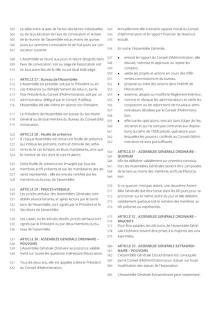 Le délai entre la date de l'envoi des lettres individuelles503
ou de la publication de l’avis de convocation et la date504
de la réunion de l'assemblée est au moins de quinze505
jours sur première convocation et de huit jours sur con-506
vocation suivante.507
L'Assemblée se réunit aux jours et heure désignés dans508
l'avis de convocation, soit au siège de l’association soit509
en tout autre lieu de la ville où est situé ledit siège.510
ARTICLE 27 : Bureau de l’Assemblée511
L'Assemblée est présidée soit par le Président ou en512
cas d’absence ou d’empêchement de celui-ci, par le513
Vice-Président du Conseil d'Administration, soit par un514
administrateur délégué par le Conseil. A défaut,515
l'Assemblée élit elle-même en séance son Président.516
Le Président de l'Assemblée est assisté du Secrétaire517
Général ou de tout membre du Bureau du Conseil d’Ad-518
ministration.519
ARTICLE 28 : Feuille de présence520
A chaque Assemblée est tenue une feuille de présence521
qui indique les prénoms, noms et domicile des adhé-522
rents et, le cas échéant, de leurs mandataires, ainsi que523
le nombre de voix dont ils sont titulaires.524
Cette feuille de présence est émargée par tous les525
membres actifs présents et par les mandataires des ab-526
sents représentés ; elle est ensuite certifiée par les527
membres du bureau de l'assemblée.528
ARTICLE 29 : PROCES-VERBAUX529
Les procès-verbaux des Assemblées Générales sont530
établis séance tenante, et après lecture par le Secré-531
taire de l’Assemblée, sont signés par le Président et le532
Secrétaire de l’assemblée.533
Les copies ou les extraits desdits procès-verbaux sont534
signés par le Président ou par deux membres du bu-535
reau de l’assemblée.536
ARTICLE 30 : ASSEMBLEE GENERALE ORDINAIRE –537
POUVOIRS538
L’Assemblée Générale Ordinaire se prononce valable-539
ment sur toutes les questions intéressant l'Association.540
Tous les deux ans, elle est appelée à élire le Président541
du Conseil d’Administration.542
Annuellement elle entend le rapport moral du Conseil543
d'Administration et le rapport financier de l'exercice544
écoulé.545
En outre, l'Assemblée Générale :546
 entend le rapport du Conseil d'Administration, elle547
discute, redresse et approuve ou rejette les548
comptes,549
 valide les projets et actions en cours des diffé-550
rentes commissions et du bureau,551
 propose ou initie des actions dans l'intérêt de552
l'Association,553
 examine, adopte ou modifie le Règlement Intérieur,554
 nomme et révoque les administrateurs et ratifie les555
cooptations ou les adjonctions de nouveaux admi-556
nistrateurs décidées par le Conseil d'Administra-557
tion,558
 effectue les opérations rentrant dans l’objet de l’As-559
sociation et qui ne sont pas contraires aux disposi-560
tions du dahir de 1958 précité, opérations pour561
lesquelles les pouvoirs conférés au Conseil d’Admi-562
nistration ne sont pas suffisants.563
ARTICLE 31 : ASSEMBLEE GENERALE ORDINAIRE –564
QUORUM565
Afin de délibérer valablement sur première convoca-566
tion, les Assemblées Générales doivent être composées567
de le tiers au moins des membres actifs de l'Associa-568
tion.569
Si ce quorum n'est pas atteint, une deuxième Assem-570
blée Générale doit être tenue dans les 60 jours pour se571
prononcer sur le même ordre du jour et elle délibère572
valablement quel que soit le nombre des membres ac-573
tifs présents ou représentés.574
ARTICLE 32 : ASSEMBLEE GENERALE ORDINAIRE –575
MAJORITE576
Pour être valables, les décisions de l'Assemblée Géné-577
rale Ordinaire doivent être prises à la majorité des voix578
exprimées.579
ARTICLE 33 : ASSEMBLEE GENERALE EXTRAORDI-580
NAIRE – POUVOIRS581
L'Assemblée Générale Extraordinaire est convoquée582
par le Conseil d'Administration pour statuer sur toute583
modification des statuts de l'Association.584
L’Assemblée Générale Extraordinaire peut notamment :585
 