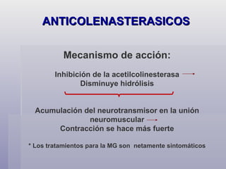 ANTICOLENASTERASICOS Mecanismo de acción: Inhibición de la acetilcolinesterasa Disminuye hidrólisis Acumulación del neurotransmisor en la unión neuromuscular Contracción se hace más fuerte * Los tratamientos para la MG son  netamente sintomáticos 