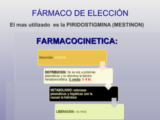 El mas utilizado  es la PIRIDOSTIGMINA (MESTINON) FÁRMACO DE ELECCIÓN FARMACOCINETICA: 