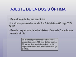 Se calcula de forma empírica La dosis promedio es de 1 a 3 tabletas (60 mg) TID/QUID Puede requerirse la administración cada 3 a 4 horas durante el día La piridostigmina también tiene una presentación de 180 mg, de los cuales 60 mg se liberan de inmediato y 120 mg en el transcurso de varias horas (6 a 8 hrs.) AJUSTE DE LA DOSIS ÓPTIMA 