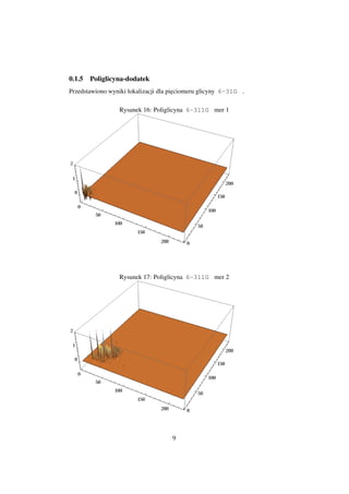 0.1.5 Poliglicyna-dodatek
Przedstawiono wyniki lokalizacji dla pi˛ ciomeru glicyny 6-31G .
                                       e

                  Rysunek 16: Poliglicyna 6-311G mer 1




                  Rysunek 17: Poliglicyna 6-311G mer 2




                                     9
 