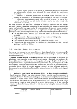  participă activ la proiectarea serviciului (în domeniul serviciilor de consultanţă
sau educaţionale, calitatea este asigurată, în mare măsură, de participarea
clientului);
 contribuie la motivarea personalului de contact: clienţii satisfăcuţi, care îşi
exprimă recunoştinţa faţă de angajaţi, joacă un rol important în stimularea acestora;
 influenţează activitatea comercială a întreprinderii în măsura în care el face
reclamă serviciului în faţa prietenilor, colegilor sau în faţa altor clienţi prin
comunicare one-to-one.
La baza procesului de implicare a clienţilor în prestarea serviciilor se află dorinţa
participării acestora, care este determinată de aşteptările lor. Din această perspectivă, în
optica marketingului intern, personalul de contact trebuie să cunoască aceste aşteptări,
pentru a găsi cele mai eficiente stimulente de implicare a clienţilor. Clientul poate refuza
participarea sa la procesul de prestare. Totuşi, el va accepta să participe dacă va fi stimulat:
 în plan emoţional - plăcerea de a participa, alături de prestator, la anumite
activităţi;
 în plan economic - obţinerea unui preţ mai redus pentru serviciul primit;
 în plan temporal - economisirea de timp;
 în plan social - contactul cu alţi clienţi pe timpul prestării serviciului;
 în plan intelectual - posibilitatea de a-şi manifesta creativitatea, de a aduce inovaţii
pe timpul prestării serviciului.
3.6. PLANIFICAREA MARKETINGULUI INTERN
Ca orice proces managerial, marketingul intern trebuie să fie planificat şi implementat. În
viziunea lui Gronroos, structura procesului de planificare a marketingului intern se reflectă
în cinci etape distincte :
1. Analiza situaţiei interne şi externe reprezintă punctul de plecare al procesului de
planificare a marketingului intern. Scopul acestei analize - diagnostic este obţinerea de
informaţii care să permită conturarea unei imagini corecte asupra "forţelor şi slăbiciunilor"
întreprinderii în ceea ce priveşte orientarea sa spre client şi spre propriul personal. Aceste
informaţii pot fi obţinute prin desfăşurarea unor anchete ocazionale în rândul clienţilor şi
angajaţilor întreprinderii de servicii. Analiza corectă a acestor informaţii constituie
fundamentul procesului decizional de stabilire a obiectivelor şi strategiilor marketingului
intern.
2. Stabilirea obiectivelor marketingului intern pe baza analizei situaţionale.
Stabilirea acestor obiective reprezintă prima activitate a etapei de planificare strategică a
marketingului intern. Obiectivele marketingului intern trebuie să conţină următoarele trei
elemente: un anumit atribut; o scală (un indicator); un scop. În sistematizarea obiectivelor
marketingului intern este necesar să se facă distincţie între obiectivele externe şi cele
interne, pe de o parte şi intre obiectivele strategice şi cele tactice, pe de altă parte. În
viziunea profesorului Bruhn, sistemul de obiective al marketingului intern arată ca în
figura 3.12.
Orientarea
obiectivelor
Domeniu
Obiective interne Obiective externe
 
