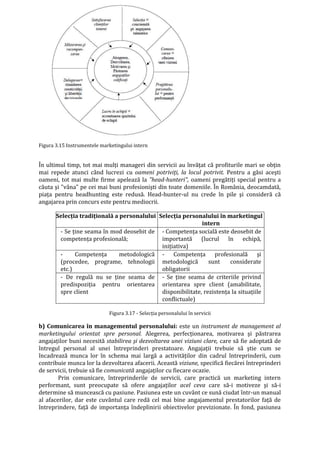Figura 3.15 Instrumentele marketingului intern
În ultimul timp, tot mai mulţi manageri din servicii au învăţat că profiturile mari se obţin
mai repede atunci când lucrezi cu oameni potriviţi, la locul potrivit. Pentru a găsi aceşti
oameni, tot mai multe firme apelează la "head-hunteri", oameni pregătiţi special pentru a
căuta şi "vâna" pe cei mai buni profesionişti din toate domeniile. În România, deocamdată,
piaţa pentru headhunting este redusă. Head-hunter-ul nu crede în pile şi consideră că
angajarea prin concurs este pentru mediocrii.
Selecţia tradiţională a personalului Selecţia personalului în marketingul
intern
- Se ţine seama în mod deosebit de
competenţa profesională;
- Competenţa socială este deosebit de
importantă (lucrul în echipă,
iniţiativa)
- Competenţa metodologică
(procedee, programe, tehnologii
etc.)
- Competenţa profesională şi
metodologică sunt considerate
obligatorii
- De regulă nu se ţine seama de
predispoziţia pentru orientarea
spre client
- Se ţine seama de criteriile privind
orientarea spre client (amabilitate,
disponibilitate, rezistenţa la situaţiile
conflictuale)
Figura 3.17 - Selecţia personalului în servicii
b) Comunicarea în managementul personalului: este un instrument de management al
marketingului orientat spre personal. Alegerea, perfecţionarea, motivarea şi păstrarea
angajaţilor buni necesită stabilirea şi dezvoltarea unei viziuni clare, care să fie adoptată de
întregul personal al unei întreprinderi prestatoare. Angajaţii trebuie să ştie cum se
încadrează munca lor în schema mai largă a activităţilor din cadrul întreprinderii, cum
contribuie munca lor la dezvoltarea afacerii. Această viziune, specifică fiecărei întreprinderi
de servicii, trebuie să fie comunicată angajaţilor cu fiecare ocazie.
Prin comunicare, întreprinderile de servicii, care practică un marketing intern
performant, sunt preocupate să ofere angajaţilor acel ceva care să-i motiveze şi să-i
determine să muncească cu pasiune. Pasiunea este un cuvânt ce sună ciudat într-un manual
al afacerilor, dar este cuvântul care redă cel mai bine angajamentul prestatorilor faţă de
întreprindere, faţă de importanţa îndeplinirii obiectivelor previzionate. În fond, pasiunea
 