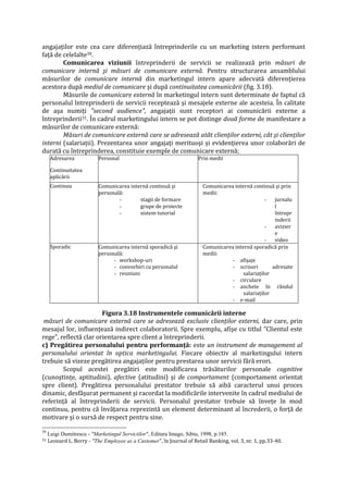 angajaţilor este cea care diferenţiază întreprinderile cu un marketing intern performant
faţă de celelalte30.
Comunicarea viziunii întreprinderii de servicii se realizează prin măsuri de
comunicare internă şi măsuri de comunicare externă. Pentru structurarea ansamblului
măsurilor de comunicare internă din marketingul intern apare adecvată diferenţierea
acestora după mediul de comunicare şi după continuitatea comunicării (fig. 3.18).
Măsurile de comunicare externă în marketingul intern sunt determinate de faptul că
personalul întreprinderii de servicii receptează şi mesajele externe ale acesteia. În calitate
de aşa numiţi "second audience", angajaţii sunt receptori ai comunicării externe a
întreprinderii31. În cadrul marketingului intern se pot distinge două forme de manifestare a
măsurilor de comunicare externă:
Măsuri de comunicare externă care se adresează atât clienţilor externi, cât şi clienţilor
interni (salariaţii). Prezentarea unor angajaţi merituoşi şi evidenţierea unor colaborări de
durată cu întreprinderea, constituie exemple de comunicare externă;
Adresarea
Continuitatea
aplicării
Personal Prin medii
Continuu Comunicarea internă continuă şi
personală:
- stagii de formare
- grupe de proiecte
- sistem tutorial
Comunicarea internă continuă şi prin
medii:
- jurnalu
l
întrepr
inderii
- avizier
e
- video
Sporadic Comunicarea internă sporadică şi
personală:
- workshop-uri
- convorbiri cu personalul
- reuniuni
Comunicarea internă sporadică prin
medii:
- afişaje
- scrisori adresate
salariaţilor
- circulare
- anchete în rândul
salariaţilor
- e-mail
Figura 3.18 Instrumentele comunicării interne
măsuri de comunicare externă care se adresează exclusiv clienţilor externi, dar care, prin
mesajul lor, influenţează indirect colaboratorii. Spre exemplu, afişe cu titlul "Clientul este
rege", reflectă clar orientarea spre client a întreprinderii.
c) Pregătirea personalului pentru performanţă: este un instrument de management al
personalului orientat în optica marketingului. Fiecare obiectiv al marketingului intern
trebuie să vizeze pregătirea angajaţilor pentru prestarea unor servicii fără erori.
Scopul acestei pregătiri este modificarea trăsăturilor personale cognitive
(cunoştinţe, aptitudini), afective (atitudini) şi de comportament (comportament orientat
spre client). Pregătirea personalului prestator trebuie să aibă caracterul unui proces
dinamic, desfăşurat permanent şi racordat la modificările intervenite în cadrul mediului de
referinţă al întreprinderii de servicii. Personalul prestator trebuie să înveţe în mod
continuu, pentru că învăţarea reprezintă un element determinant al încrederii, o forţă de
motivare şi o sursă de respect pentru sine.
30
Luigi Dumitrescu - "Marketingul Serviciilor", Editura Imago, Sibiu, 1998, p.185.
31 Leonard L. Berry - "The Employee as a Customer", în Journal of Retail Banking, vol. 3, nr. 1, pp.33-40.
 