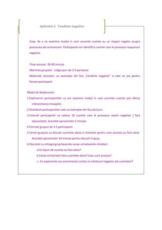 Scop: de a ne examina modul in care anumite cuvinte au un impact negativ asupra
procesului de comunicare. Participantii vor identifica cuvinte care le provoaca raspunsuri
negative.
Timp necesar: 30-40 minute
Marimea grupului: subgrupuri de 3-5 persoane
Materiale necesare: un exemplar din fisa „Tendinte negative” si cate un pix pentru
fiecare participant
Modul de desfasurare:
1.Explicati-le participantilor ca vor examina modul in care anumite cuvinte pot afecta
interpretarea mesajelor.
2.Distribuiti participantilor cate un exemplar din fisa de lucru
3.Instruiti participantii sa noteze 10 cuvinte care le provoaca reactii negative ( fara
obscenitati). Acordati aproximativ 5 minute.
4.Formati grupuri de 3-5 participanti
5.Cereti grupului sa discute cuvintele alese si motivele pentru care acestea au fost alese.
Acordati aproximativ 10 minute pentru discutii in grup .
6.Discutati cu intregul grup bazandu-va pe urmatoarele intrebari:
a.Ce tipuri de cuvinte au fost alese?
b.Exista similaritati intre cuvintele alese? Care sunt acestea?
c. Ce experiente sau evenimente conduc la intelesuri negative ale cuvintelor?
Aplicatia 2. Tendinte negative
 