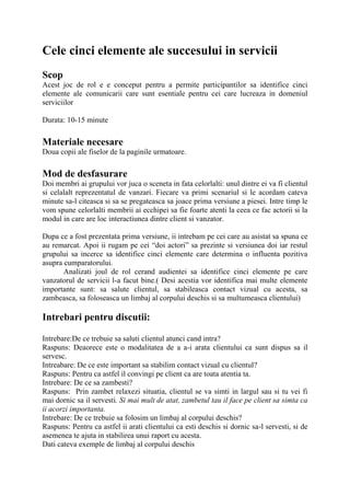 Cele cinci elemente ale succesului in servicii
Scop
Acest joc de rol e e conceput pentru a permite participantilor sa identifice cinci
elemente ale comunicarii care sunt esentiale pentru cei care lucreaza in domeniul
serviciilor
Durata: 10-15 minute
Materiale necesare
Doua copii ale fiselor de la paginile urmatoare.
Mod de desfasurare
Doi membri ai grupului vor juca o sceneta in fata celorlalti: unul dintre ei va fi clientul
si celalalt reprezentatul de vanzari. Fiecare va primi scenariul si le acordam cateva
minute sa-l citeasca si sa se pregateasca sa joace prima versiune a piesei. Intre timp le
vom spune celorlalti membrii ai ecchipei sa fie foarte atenti la ceea ce fac actorii si la
modul in care are loc interactiunea dintre client si vanzator.
Dupa ce a fost prezentata prima versiune, ii intrebam pe cei care au asistat sa spuna ce
au remarcat. Apoi ii rugam pe cei “doi actori” sa prezinte si versiunea doi iar restul
grupului sa incerce sa identifice cinci elemente care determina o influenta pozitiva
asupra cumparatorului.
Analizati joul de rol cerand audientei sa identifice cinci elemente pe care
vanzatorul de servicii l-a facut bine.( Desi acestia vor identifica mai multe elemente
importante sunt: sa salute clientul, sa stabileasca contact vizual cu acesta, sa
zambeasca, sa foloseasca un limbaj al corpului deschis si sa multumeasca clientului)
Intrebari pentru discutii:
Intrebare:De ce trebuie sa saluti clientul atunci cand intra?
Raspuns: Deaorece este o modalitatea de a a-i arata clientului ca sunt dispus sa il
servesc.
Intreabare: De ce este important sa stabilim contact vizual cu clientul?
Raspuns: Pentru ca astfel il convingi pe client ca are toata atentia ta.
Intrebare: De ce sa zambesti?
Raspuns: Prin zambet relaxezi situatia, clientul se va simti in largul sau si tu vei fi
mai dornic sa il servesti. Si mai mult de atat, zambetul tau il face pe client sa simta ca
ii acorzi importanta.
Intrebare: De ce trebuie sa folosim un limbaj al corpului deschis?
Raspuns: Pentru ca astfel ii arati clientului ca esti deschis si dornic sa-l servesti, si de
asemenea te ajuta in stabilirea unui raport cu acesta.
Dati cateva exemple de limbaj al corpului deschis
 