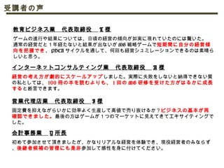 教育ビジネス業　代表取締役　 T 様
ゲームの進行や結果については、日頃の経営の傾向が如実に現れていたのには驚いた。
通常の経営だと１年経たないと結果が出ないが MG 戦略ゲームで短期間に自分の経営傾
向を把握でき、 PDCA サイクルを通して、何回も経営シュミレーションできるのは素晴ら
しいと思う。
インターネットコンサルティング業　代表取締役　 A 様
経営の考え方が劇的にスケールアップしました。実際に失敗をしないと納得できない質
の私としては、 100 冊の本を読むよりも、 1 回の MG 研修を受けた方がはるかに成長
すると断言できます。
営業代理店業　代表取締役　 I 様
固定費を抑えながらいかに効率よく生産して高値で売り抜けるか？ビジネスの基本が再
確認できました。最後の方はゲームが１つのマーケットに見えてきてエキサイティングで
した。
会計事務業　 Y 所長
初めて参加させて頂きましたが、かなりリアルな経営を体験でき、現役経営者のみならず
、後継者候補の皆様にも是非参加して感性を身に付けてください。
受講者の声
 