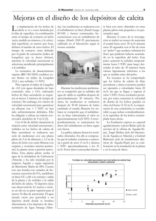 El Manantial - Número 33 - Diciembre 2006                                        5


 Mejoras en el diseño de los depósitos de calcita
L     a implantación de los lechos de
      calcita se ve a veces limitada por
la falta de superficie. La combinación
                                           ría). Las mediciones se realizaron con
                                           el turbidímetro en línea (Hatch Lange
                                           SC100) y fueron contrastadas fre-
                                                                                       te bien con otros obtenidos en otras
                                                                                       plantas piloto más pequeñas y no pre-
                                                                                       sentados aquí.
entre el tiempo de contacto en lecho       cuentemente con un turbidímetro de              Durante el curso de la investiga-
vacío, medido en minutos, y la veloci-     campo (Hatch 2100 P) previamente            ción se realizó un ensayo de aumentar
dad superficial, en metros por hora,       calibrado en el laboratorio según la        el caudal hasta unos 30 m/h durante
definen el tamaño de estos lechos. El      norma estándar.                             unos 20 segundos con el fin de crear
tiempo de contacto viene definido                                                      un “pulso”: que ayudara a eliminar los
por el grado de saturación (índice de                                                  finos que pudieran haberse acumula-
Langelier) que se desea obtener,                                                       do en la superficie del lecho. Este
mientras la velocidad ascensional se                                                   pulso aumentó la turbidez temporal-
selecciona atendiendo principalmente                                                   mente hasta 5 NTU para luego des-
a la turbidez.                                                                         cender al cabo de 30 minutos hasta
    La normativa de abastecimiento                                                     valores ligeramente inferiores a los
vigente (RD 140/2003) establece co-                                                    que se medían antes del pulso.
mo límites un índice de Langelier                                                          En resumen se ha comprobado
±0,5 y una turbidez <1 NTU.                                                            que los lechos de calcita de flujo
    Para superar el índice de Langelier                                                ascendente y altura constante pueden
de –0,5 con aguas desaladas de bajo            Durante las mediciones prelimina-       ser operados a velocidades hasta 20
contenido sales y CO2 utilizando           res se comprobó que la turbidez del         m/h sin que se llegue a superar el
lechos de flujo ascendente se requie-      agua de salida se equilibra después de      valor 1 NTU. Estos resultados permi-
ren al menos 5 minutos de tiempo de        aproximadamente 20 minutos. Por             ten, por tanto, aumentar la velocidad
contacto. Sin embargo, los valores de      tanto, las mediciones se realizaron         de diseño de los lechos grandes en
velocidad ascensional para garantizar      después de 30-40 minutos de haber           obra civil hasta 12-16 m/h. La impor-
un efluente con < 1 NTU no han             cambiado el caudal. Durante los tra-        tancia de esta conclusión es conside-
sido suficientemente definidos. Ello       bajos se comprobó que el turbidíme-         rable ya que reduce considerablemen-
ha obligado a utilizar un criterio con-    tro en línea subestimaba el valor en        te la superficie de los lechos contem-
servador alrededor de 9 m/h [1].           aproximadamente 0,22 NTU. Corres-           plada hasta ahora.
    Con el fin de definir claramente la    pondientemente se aumentaron los                La Fundación expresa su especial
relación entre velocidad ascensional y     datos del turbidímetro en línea según       agradecimiento a Javier Rubio (jefe de
turbidez en los lechos de calcita de       este factor.                                servicio de la oficina de Aqualia-Ni-
flujo ascendente se realizaron una             La gráfica adjunta ilustra los resul-   jar), Ángel Molina (jefe del laborato-
serie de mediciones con una planta         tados obtenidos. En ella se comprue-        rio de Aqualia en Almería) y a Gabriel
piloto de 2 m de diámetro y 1,5 m de       ba que la turbidez comienza a aumen-        Belmonte (jefe de instalaciones eléc-
altura de lecho con suelo filtrante con    tar a partir de unos 11 m/h y alcanza       tricas de Aqualia-Nijar) por su cola-
crepinas y vertedero interior perime-      1 NTU aproximadamente a los 21              boración en la instalación de la planta
tral. La planta vierte a presión atmos-    m/h. Estos datos concuerdan bastan-         y en la toma de datos.
férica. Esta planta piloto recibe el
agua de la desaladora de Carboneras
(Almería) y ha sido instalada por la
empresa Aqualia y según ingeniería
de Bartolomé Marín de SPA. Cuenta
con una bomba con variador de fre-
cuencia, inyección de CO2, medidores
en línea CE y pH a la entrada y salida
de la planta y de turbidez a la salida
del lecho de calcita. El depósito tiene
una altura total de 4,1 metros e inclu-
ye un silo en su parte superior para al
menos 30 días de autonomía. El agua
tratada vierte por gravedad a un
depósito desde donde se bombea
directamente a los depósitos de abas-
tecimiento de Agua Amarga (Alme-
 