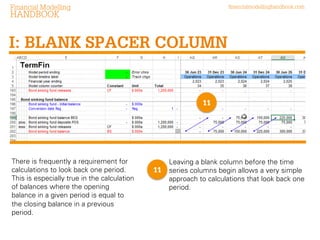 There is frequently a requirement for
calculations to look back one period.
This is especially true in the calculation
of balances where the opening
balance in a given period is equal to
the closing balance in a previous
period.

Leaving a blank column before the time
series columns begin allows a very simple
approach to calculations that look back
one period.

 