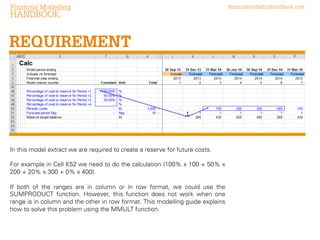 Financial Modelling

HANDBOOK

REQUIREMENT

In this model extract we are required to create a reserve for future costs.
For example in Cell K52 we need to do the calculation (100% x 100 + 50% x
200 + 20% x 300 + 0% x 400).
If both of the ranges are in column or in row format, we could use the
SUMPRODUCT function. However, this function does not work when one
range is in column and the other in row format. This modelling guide explains
how to solve this problem using the MMULT function.

financialmodellinghandbook.com

 