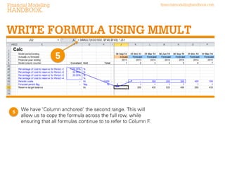 Financial Modelling

financialmodellinghandbook.com

HANDBOOK

WRITE FORMULA USING MMULT
5

5

We have column anchored the second range. This will
allow us to copy the formula across the full row, while
ensuring that all formulas continue to to refer to Column F.

 