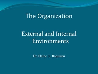 The Organization
External and Internal
Environments
Dr. Elaine L. Boquiren
 