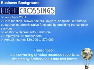 Business Background
Launched- 2001
Core function- allows doctors, lawyers, hospitals, authors to
outsource its administrative functions by providing transcription
services.
Location – Sacramento, California
Employees- 85 transcribers
 Annual income: $20,000 to $70,000
Transcription:
It is converting of voice recorded reports as
dictated by professionals into text format
 
