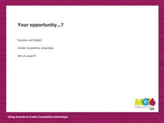 Using Awards to Create Competitive Advantage
Your opportunity...?
Surprise and delight
Create competitive advantage
Win an award?
 