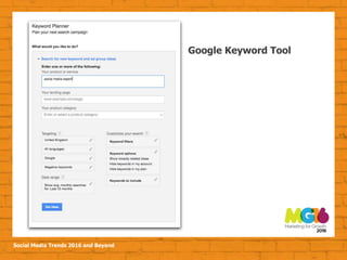 Social Media Trends 2016 and Beyond
Google Keyword Tool
 