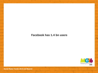 Social Media Trends 2016 and Beyond
Facebook has 1.4 bn users
 