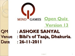 QM  :  ASHOKE SANYAL Venue  :  Bibi’s of Taaja, Dhakuria . Date  :  26-11-2011 ,[object Object],[object Object],11/29/11 