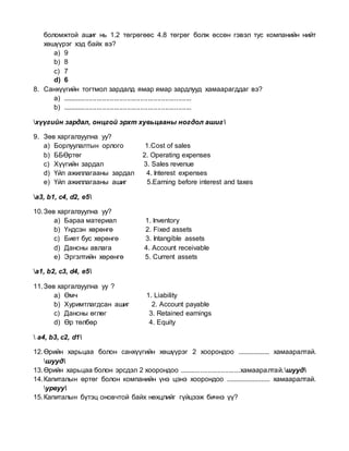 боломжтой ашиг нь 1.2 төгрөгөөс 4.8 төгрөг болж өссөн гэвэл тус компанийн нийт
хөшүүрэг хэд байх вэ?
a) 9
b) 8
c) 7
d) 6
8. Санхүүгийн тогтмол зардалд ямар ямар зардлууд хамаарагддаг вэ?
a) ....................................................................
b) ....................................................................
хүүгийн зардал, онцгой эрхт хувьцааны ногдол ашиг
9. Зөв харгалзуулна уу?
a) Борлуулалтын орлого 1.Cost of sales
b) ББӨртөг 2. Operating expenses
c) Хүүгийн зардал 3. Sales revenue
d) Үйл ажиллагааны зардал 4. Interest expenses
e) Үйл ажиллагааны ашиг 5.Earning before interest and taxes
a3, b1, c4, d2, e5
10.Зөв харгалзуулна уу?
a) Бараа материал 1. Inventory
b) Үндсэн хөрөнгө 2. Fixed assets
c) Биет бус хөрөнгө 3. Intangible assets
d) Дансны авлага 4. Account receivable
e) Эргэлтийн хөрөнгө 5. Current assets
a1, b2, c3, d4, e5
11.Зөв харгалзуулна уу ?
a) Өмч 1. Liability
b) Хуримтлагдсан ашиг 2. Account payable
c) Дансны өглөг 3. Retained earnings
d) Өр төлбөр 4. Equity
 a4, b3, c2, d1
12.Өрийн харьцаа болон санхүүгийн хөшүүрэг 2 хоорондоо .................. хамааралтай.
шууд
13.Өрийн харьцаа болон эрсдэл 2 хоорондоо ................................хамааралтай.шууд
14.Капиталын өртөг болон компанийн үнэ цэнэ хоорондоо ......................... хамааралтай.
урвуу
15.Капиталын бүтэц оновчтой байх нөхцлийг гүйцээж бичнэ үү?
 