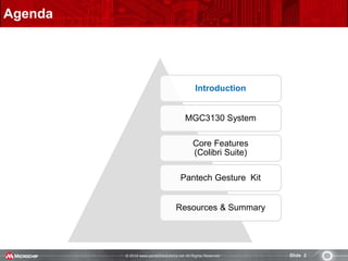 © 2014 www.pantechsolutions.net All Rights Reserved. Slide 2
Agenda
Introduction
MGC3130 System
Core Features
(Colibri Suite)
Pantech Gesture Kit
Resources & Summary
 