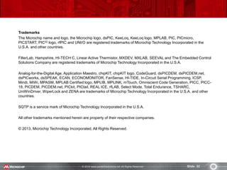 © 2014 www.pantechsolutions.net All Rights Reserved. Slide 32
Trademarks
The Microchip name and logo, the Microchip logo, dsPIC, KeeLoq, KeeLoq logo, MPLAB, PIC, PICmicro,
PICSTART, PIC32 logo, rfPIC and UNI/O are registered trademarks of Microchip Technology Incorporated in the
U.S.A. and other countries.
FilterLab, Hampshire, HI-TECH C, Linear Active Thermistor, MXDEV, MXLAB, SEEVAL and The Embedded Control
Solutions Company are registered trademarks of Microchip Technology Incorporated in the U.S.A.
Analog-for-the-Digital Age, Application Maestro, chipKIT, chipKIT logo, CodeGuard, dsPICDEM, dsPICDEM.net,
dsPICworks, dsSPEAK, ECAN, ECONOMONITOR, FanSense, HI-TIDE, In-Circuit Serial Programming, ICSP,
Mindi, MiWi, MPASM, MPLAB Certified logo, MPLIB, MPLINK, mTouch, Omniscient Code Generation, PICC, PICC-
18, PICDEM, PICDEM.net, PICkit, PICtail, REAL ICE, rfLAB, Select Mode, Total Endurance, TSHARC,
UniWinDriver, WiperLock and ZENA are trademarks of Microchip Technology Incorporated in the U.S.A. and other
countries.
SQTP is a service mark of Microchip Technology Incorporated in the U.S.A.
All other trademarks mentioned herein are property of their respective companies.
© 2013, Microchip Technology Incorporated, All Rights Reserved.
 