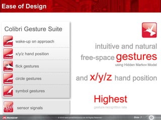 © 2014 www.pantechsolutions.net All Rights Reserved. Slide 7
Colibri Gesture Suite
wake-up on approach
x/y/z hand position
flick gestures
circle gestures
symbol gestures
Ease of Design
sensor signals
gestures
x/y/z
 