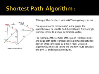 www.criticalblue.com
This algorithm has been used in GPS navigating systems.
For a given source vertex (node) in the graph, the
algorithm can be used to find shortest path from a single
starting vertex to a single destination vertex.
For example, if the vertices of the graph represent cities
and edge path costs represent driving distances between
pairs of cities connected by a direct road, Dijkstra's
algorithm can be used to find the shortest route between
one city (a) and destination city (b).
 