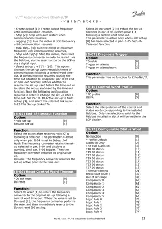 VLT® AutomationDrive EtherNet/IP 
- P a r a m e t e r s – 
- Freeze output [1]: Freeze output frequency 
until communication resumes. 
- Stop [2]: Stop with auto restart when 
communication resumes. 
- Jogging [3]: Run the motor at JOG frequency 
until communication resumes. 
- Max. freq.. [4]: Run the motor at maximum 
frequency until communication resumes. 
- Stop and trip[5]: Stop the motor, then reset 
the frequency converter in order to restart: via 
the fieldbus, via the reset button on the LCP or 
via a digital input. 
- Select set-up 1-4 [7] - [10]: This option 
changes the set-up upon reestablishment of 
communication following a control word time-out. 
If communication resumes causing the 
time-out situation to disappear, par. 8-05 End-of- 
time-out Function defines whether to 
resume the set-up used before the time-out or 
to retain the set-up endorsed by the time-out 
function. Note the following configuration 
required in order to change the set-up after a 
time-out: Set Par. 0-10 Active set-up to Multi 
set-up [9], and select the relevant link in par. 
0-12 This Set-up Linked To. 
(8-05) End-of-timeout Function 
Option: 
*Hold set-up [0] 
Resume set-up [1] 
Function: 
Select the action after receiving valid CTW 
following a time-out. This parameter is active 
only when par. 8-04 is set to Set-up 1-4. 
Hold: The frequency converter retains the set-up 
selected in par. 8-04 and displays a 
warning, until par. 8-06 toggles. Then the 
frequency converter resumes its original set-up. 
Resume: The frequency converter resumes the 
set-up active prior to the time-out. 
(8-06) Reset Control Word Timeout 
Option: 
*Do not reset [0] 
Do reset [1] 
Function: 
Select Do reset [1] to return the frequency 
converter to the original set-up following a 
control word time-out. When the value is set to 
Do reset [1], the frequency converter performs 
the reset and then immediately reverts to the 
Do not reset [0] setting. 
Select Do not reset [0] to retain the set-up 
specified in par. 8-04 Select setup 1-4 
following a control word time-out. 
This parameter is active only when Hold set-up 
[0] has been selected in par. 8-05 End- of- 
Time-out Function. 
(8-07) Diagnosis Trigger 
Option: 
*Disable [0] 
Trigger on alarms [1] 
Trigger on alarms/warn. [2] 
Function: 
This parameter has no function for EtherNet/IP. 
(8-10) Control Word Profile 
Option: 
*FC profile [0] 
ODVA [5] 
Function: 
Select the interpretation of the control and 
status words corresponding to the installed 
fieldbus. Only the selections valid for the 
fieldbus installed in slot A will be visible in the 
LCP display. 
(8-13) Configurable Status Word 
Option: 
No function [0] 
* Profile Default [1] 
Alarm 68 Only [2] 
Trip excl Alarm 68 [3] 
T18 DI status [10] 
T19 DI status [11] 
T27 DI status [12] 
T29 DI status [13] 
T32 DI status [14] 
T33 DI status [15] 
T37 DI status [16] 
Thermal warning [21] 
Brake fault (IGBT) [30] 
Out of ref range [40] 
Comparator 0 [60] 
Comparator 1 [61] 
Comparator 2 [62] 
Comparator 3 [63] 
Comparator 4 [64] 
Comparator 5 [65] 
Logic Rule 0 [70] 
Logic Rule 1 [71] 
Logic Rule 2 [72] 
Logic Rule 3 [73] 
Logic Rule 4 [74] 
MG.90.J1.02 – VLT is a registered Danfoss trademark 33 
 