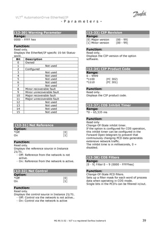 VLT® AutomationDrive EtherNet/IP 
- P a r a m e t e r s – 
(12-30) Warning Parameter 
Range: 
0000 – FFFF hex 
Function: 
Read only. 
Displays the EtherNet/IP specific 16-bit Status-word. 
Bit Description 
0 Owned 
1 Not used 
2 Configured 
3 Not used 
4 Not used 
5 Not used 
6 Not used 
7 Not used 
8 Minor recoverable fault 
9 Minor unrecoverable fault 
10 Major recoverable fault 
11 Major unrecoverable fault 
12 Not used 
13 Not used 
14 Not used 
15 Not used 
(12-31) Net Reference 
Option: 
*Off [0] 
On [1] 
Function: 
Read only. 
Displays the reference source in Instance 
21/71. 
- Off: Reference from the network is not 
active. 
- On: Reference from the network is active. 
(12-32) Net Control 
Option: 
*Off [0] 
On [1] 
Function: 
Read only. 
Displays the control source in Instance 21/71. 
- Off: Control via the network is not active.. 
- On: Control via the network is active 
(12-33) CIP Revision 
Range: 
[0] Major version (00 - 99) 
[1] Minor version (00 - 99) 
Function: 
Read only. 
Displays the CIP-version of the option 
software. 
(12-34) CIP Product Code 
Range: 
0 – 9999 
*1100 (FC 302) 
*1110 (FC 301) 
Function: 
Read only. 
Displays the CIP product code. 
(12-37) COS Inhibit Timer 
Range: 
*0 – 65,535 ms 
Function: 
Read only 
Change-Of-State inhibit timer. 
If the option is configured for COS operation, 
this inhibit timer can be configured in the 
Forward Open telegram to prevent that 
continuously changing PCD data generates 
extensive network traffic. 
The inhibit time is in milliseconds, 0 = 
disabled. 
(12-38) COS Filters 
Range: 
[0 - 9] Filter 0 – 9 (0000 - FFFFhex) 
Function: 
Change-Of-State PCD filters. 
Sets up a filter mask for each word of process 
data when operating in COS-mode. 
Single bits in the PCD’s can be filtered in/out. 
MG.90.J1.02 – VLT is a registered Danfoss trademark 39 
 