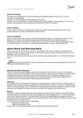 VLT® AutomationDrive EtherNet/IP 
Check: Link status 
The status of the Ethernet link cannot be directly identified by means of the LED’s, if no CIP 
connection is established. 
Use par. 12-10 Link Status to verify presents of the link. 
Use par. 12-11 Link Duration to verify that the link is steady present. The parameter will show the 
duration of the present link, and preset to 00:00:00:00 if the link is broken. 
Check: Cabling 
In rare cases of cabling mis-configuration, the option might show the presents of a link, but no 
communication is running. Exchange the cable in doubt. 
Check: IP address 
Verify that the option has a valid IP address (please refer to section: IP Settings) in par. 12-01 IP 
Address. If the option has identified a duplicate IP Address NS LED’s will light steady red. 
If the option is set up for BOOTP or DHCP, verify that a BOOTP or DHCP server is connected in par. 
12-04 DHCP Server. If no server is connected, the parameter will show: 000.000.000.000. 
Alarm Word and Warning Word 
Alarm word and warning word are shown in the display in Hex format. If there is more than one 
warning or alarm, a sum of all warnings or alarms will be shown. Warning word and alarm word are 
displayed in par. 16-90 to 16-95. 
For more information on the individual alarms and warnings, please refer to: FC 100/200/300 Design 
Guide 
N.B. 
Please note that the availability of the individual alarms and warnings are dependent on the drive 
type: FC100/200/300 series. 
Warning and Alarm Messages 
There is a clear distinction between alarms and warnings. In the event of an alarm, the frequency 
converter will enter a fault condition. After the cause for the alarm has been cleared, the master must 
acknowledge the alarm message in order to start operation of the frequency converter again. A 
warning, on the other hand, may appear when a warning condition arises, then disappear when 
conditions return to normal without interfering with the process. 
Warnings 
All warnings within the frequency converter are represented by a single bit within a warning word. A 
warning word is always an action parameter. Bit status FALSE [0] means no warning, while bit status 
TRUE [1] means warning. Each bit status has a corresponding text string message. In addition to the 
warning word message the master will also be notified via a change in the status word. 
Alarms 
Following an alarm message the frequency converter will enter a fault condition. Only after the fault 
has been rectified and the master has acknowledged the alarm message by a bit in the Control Word, 
can the VLT resume operation. All alarms within the VLT are represented by a single bit within an 
alarm word. An alarm word is always an action parameter. Bit status FALSE [0] means no alarm, while 
bit status TRUE [1] means alarm. 
In CIP, Alarms are divided in to two categories: 
- Major Recoverable Faults 
- Major Unrecoverable Faults 
Please refer to the following sections for a classification of the specific faults. 
MG.90.J1.02 – VLT is a registered Danfoss trademark 46 
 