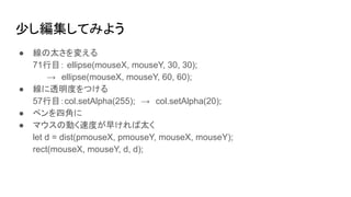 少し編集してみよう
● 線の太さを変える
71行目： ellipse(mouseX, mouseY, 30, 30);
　　 →　ellipse(mouseX, mouseY, 60, 60);
● 線に透明度をつける
57行目：col.setAlpha(255);　→　col.setAlpha(20);
● ペンを四角に
● マウスの動く速度が早ければ太く
let d = dist(pmouseX, pmouseY, mouseX, mouseY);
rect(mouseX, mouseY, d, d);
 