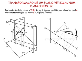 TRANSFORMAÇÃO DE UM PLANO VERTICAL NUM
                PLANO FRONTAL
Pretende-se determinar a V.G. de um triângulo contido num plano vertical α,
via a transformação do plano α num plano frontal.


                          plano 2                                  fα

                                                                                  B2
     fα         B2
                                                plano 4
                     C2          B4
                                                  α       x’                                C2             B
                                                                                                            4
                            B                                                A
          A2        A4                                                  A2   4
                                      C4                                                         V.
                                                                                                      G.
                                  C
               A
                                                                                                                    C
                                                                                                                    4
                                                                                                                2
               x’                                              x                                                1

 x                                                                      A1
               A1
                           B1
                                 C1
                                                                                                                4
                                           hα                                    B1                         1
                                                                                       C1
                                plano 1

                                                                                                           hα
 