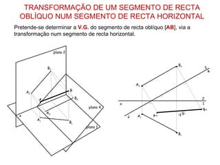 TRANSFORMAÇÃO DE UM SEGMENTO DE RECTA
  OBLÍQUO NUM SEGMENTO DE RECTA HORIZONTAL
Pretende-se determinar a V.G. do segmento de recta oblíquo [AB], via a
transformação num segmento de recta horizontal.


                     plano 2


                                                                       B2
                B2                                                                     2
                                                                                           4


                                                             A2
                               B
      A2

            A                       B4                                             2
                                                    x                              1
                                          plano 4
                                                                                   B4
  x
                A4
                                                             A1        V    .G .
                                                        x’        A4
           A1
                               B1
                                         plano 1
                                                                       B1
 