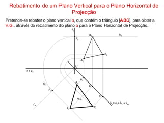 Rebatimento de um Plano Vertical para o Plano Horizontal de
                         Projecção
Pretende-se rebater o plano vertical α, que contém o triângulo [ABC], para obter a
V.G., através do rebatimento do plano α para o Plano Horizontal de Projecção.
                                      fα
                                                       B2                          h2
                                           F2




                                                                      C2

                                                  A2

                                           F1
           x ≡ e2


                                                  A1
                                           Ar
                      hr
                                                       B1
                           Fr

                                                                 C1
                                                V.G.
                                                                           hα ≡ e1 ≡ h1 ≡ hαr
                fαr
                                 Br                         Cr
 