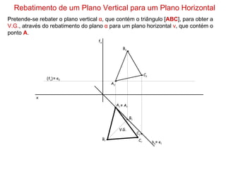 Rebatimento de um Plano Vertical para um Plano Horizontal
Pretende-se rebater o plano vertical α, que contém o triângulo [ABC], para obter a
V.G., através do rebatimento do plano α para um plano horizontal ν, que contém o
ponto A.
                                    fα
                                                       B2




                                                                        C2
               (fν) ≡ e2
                                              A2


           x
                                                   A1 ≡ Ar


                                                             B1


                                                    V.G.
                                                                  C1
                                         Br                        Cr        hα≡ e1
 