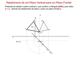 Rebatimento de um Plano Vertical para um Plano Frontal
Pretende-se rebater o plano vertical α, que contém o triângulo [ABC], para obter
a V.G., através do rebatimento do plano α para um plano frontal φ.


                                                    e2

                                           fα

                                      Br                 B2



                               V.G.
                          Cr
                                                                   C2

                                                A2 ≡ Ar


        x


             (hφ) ≡ hαr                         A1 ≡ (e1)

                                                         B1


                                                              C1

                                                                    hα
 