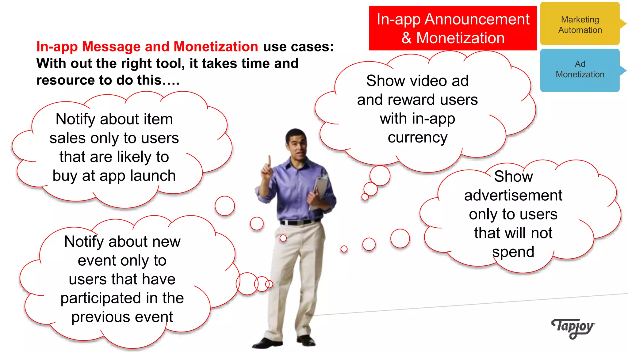 In-app Message and Monetization use cases:
With out the right tool, it takes time and
resource to do this….
In-app Announcement
& Monetization
Show video ad
and reward users
with in-app
currency
Show
advertisement
only to users
that will not
spend
Notify about new
event only to
users that have
participated in the
previous event
Notify about item
sales only to users
that are likely to
buy at app launch
Marketing
Automation
Ad
Monetization
 