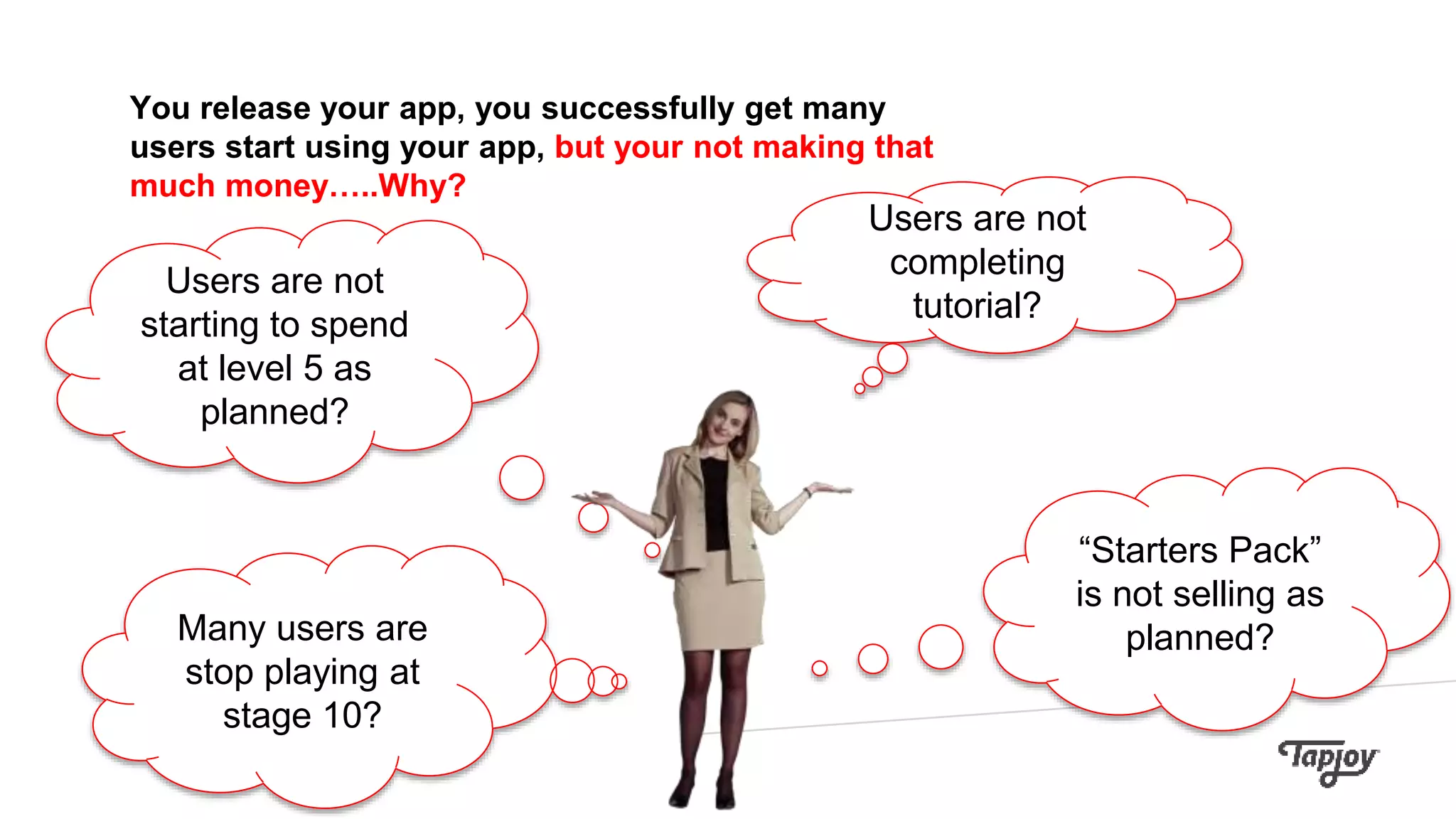 You release your app, you successfully get many
users start using your app, but your not making that
much money…..Why?
Users are not
completing
tutorial?
“Starters Pack”
is not selling as
planned?Many users are
stop playing at
stage 10?
Users are not
starting to spend
at level 5 as
planned?
 
